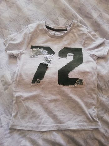 Tee shirt manches e blanc chiné sequins réversibles 104 cm tough team