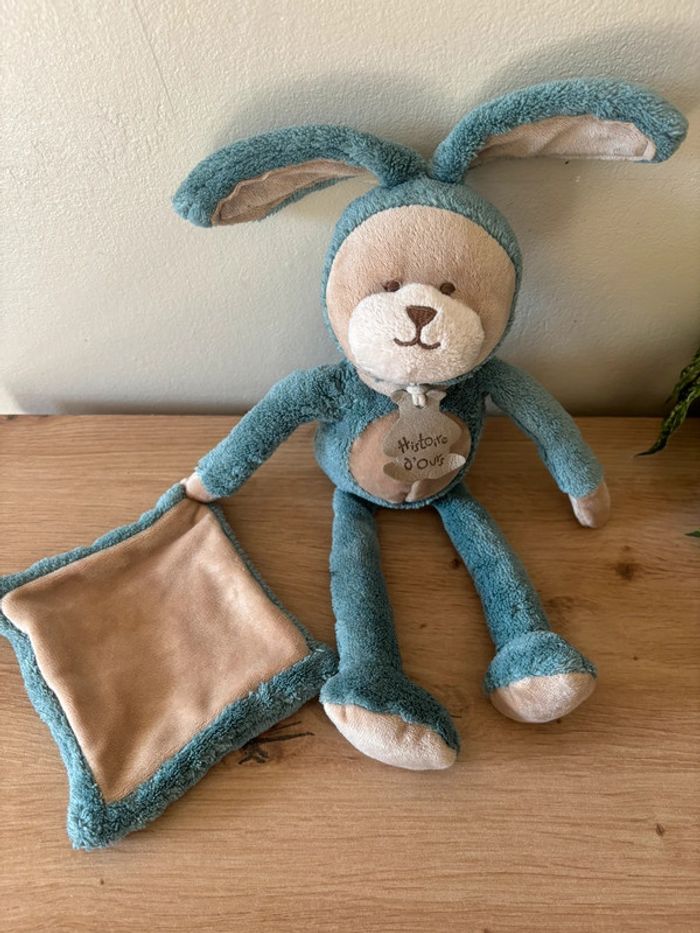 Doudou peluche lapin titalou bleu beige mouchoir histoire d ours - photo numéro 2