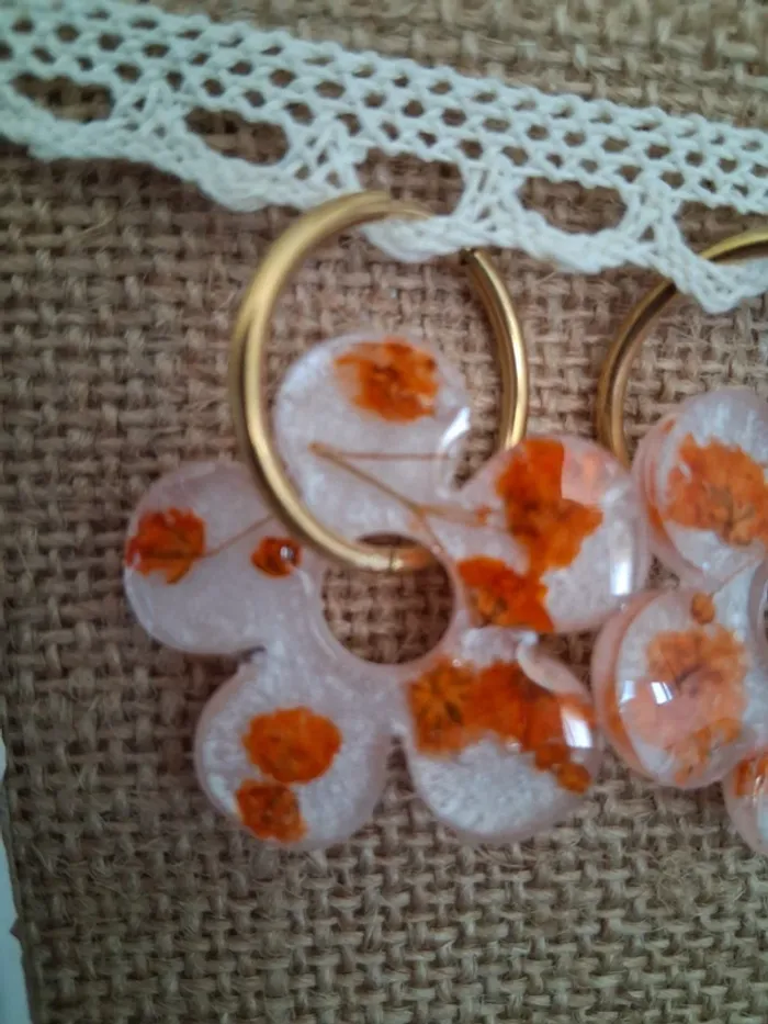 1 paire de boucles d'oreilles anneaux grandes pampilles fleurs séchées - photo numéro 5
