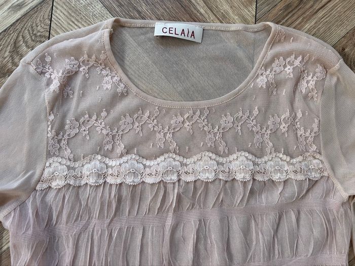 Top / Sous-Pull Transparent Celaia - Dentelle et Tulle Froncé - Rose Poudré - photo numéro 5