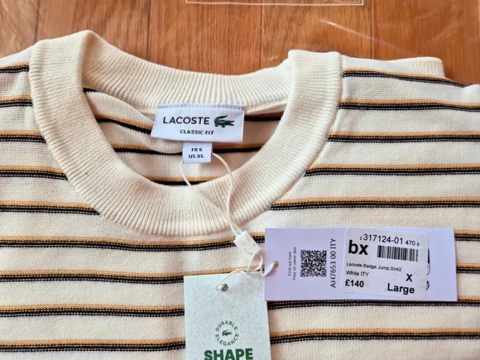 Pull "Lacoste" Blanc à rayures Taille XL neuf sous blister 100 % coton organique. - photo numéro 7