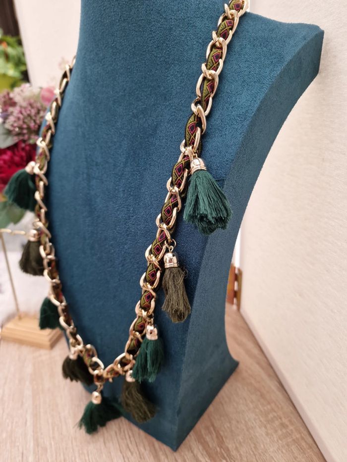 Collier Sautoir Boheme Doré Pompons Verts Ruban Multicolore - photo numéro 4