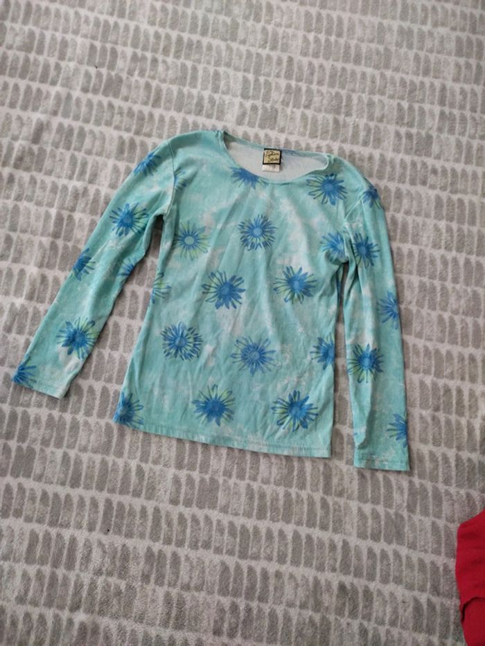 Tee-shirt manches longues turquoise bleu fleurs fashion studio taille 36 - photo numéro 1