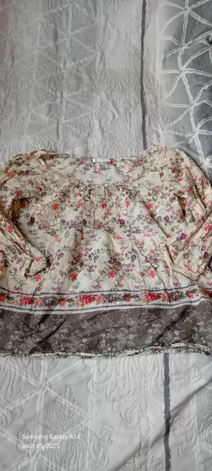 Blouse légère manches 3/4 motif fleurs esprit bohème beige femme 38 promod - photo numéro 10