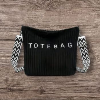 Tote Bag bandoulière noir velours côtelé sangle bohème 