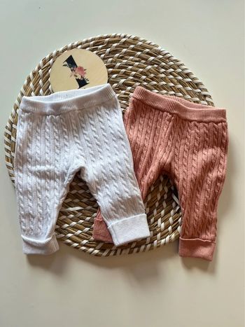 Lot de 2 legging en laine effet tressé - blanc et rose - 1 mois