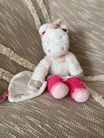 Peluche doudou mouchoir 30cm Babynat licorne blanche et rose