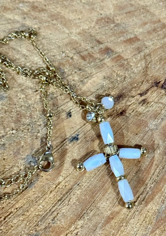 Collier réglable acier inoxydable or croix xl perles nacrés - photo numéro 3