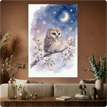 Affiche murale "Chouette Nuit Étoilée" poster animal poétique lune déco A3 Sans cadre