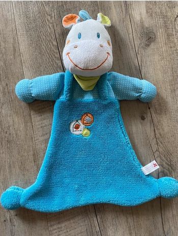 Doudou plat grand zèbre vache bleu foulard vert simba nicotoy