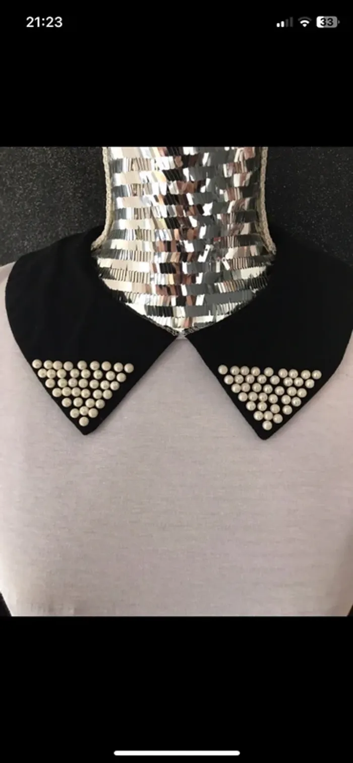 T-shirt manches longues avec col Claudine perlé taille 38 - photo numéro 2