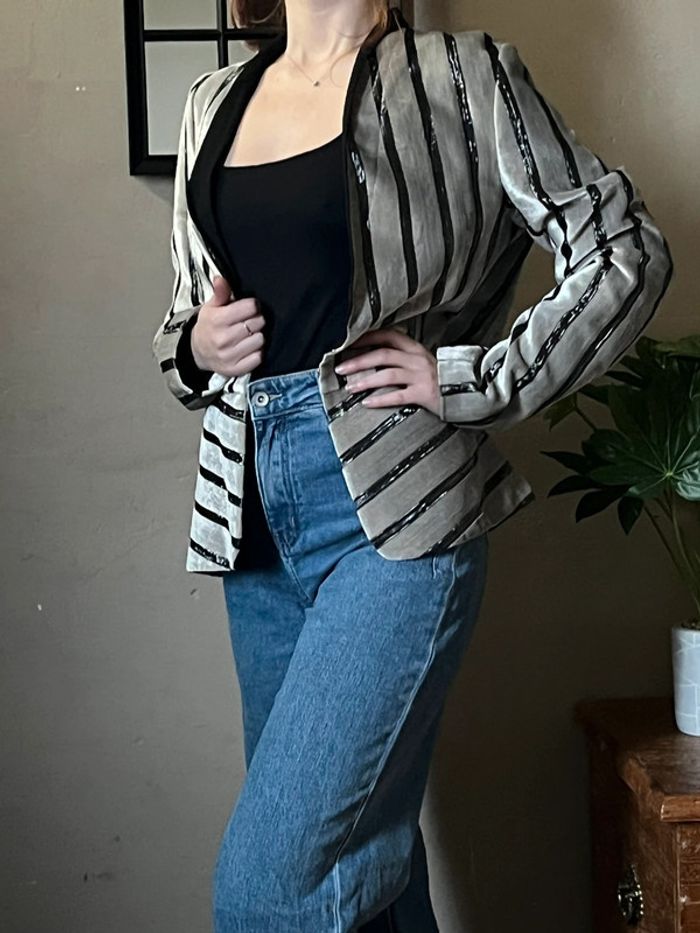Veste blazer rayures noires et argentées en velours - photo numéro 3