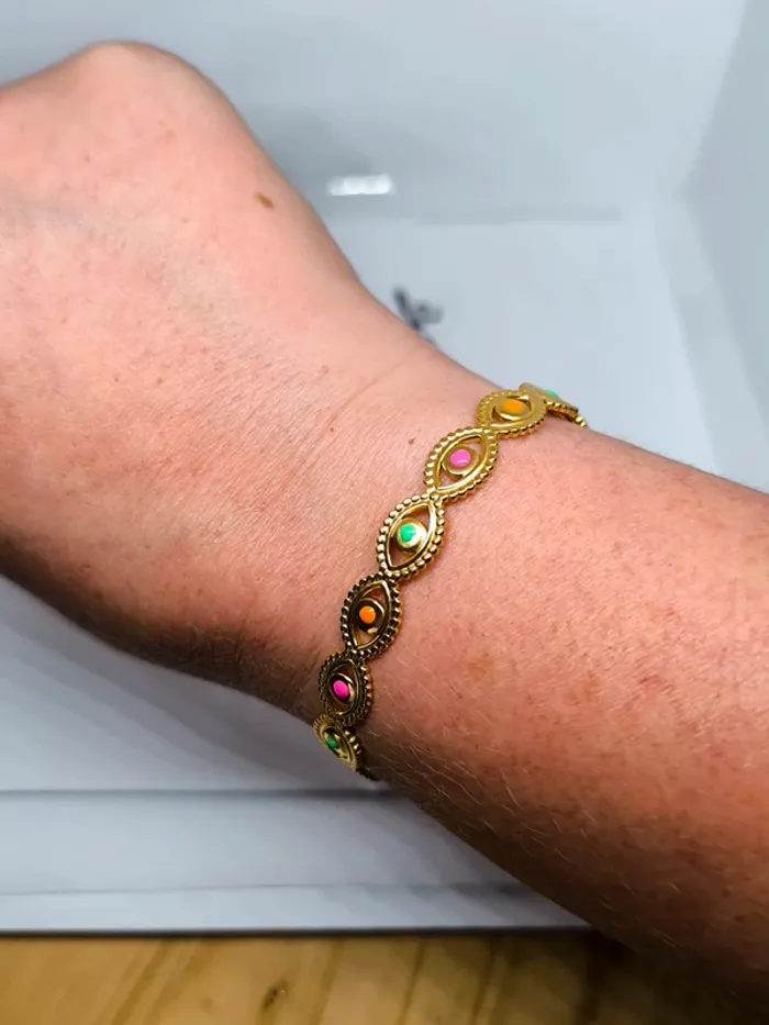 Bracelet jonc doré torsadé avec perles multicolores - photo numéro 7