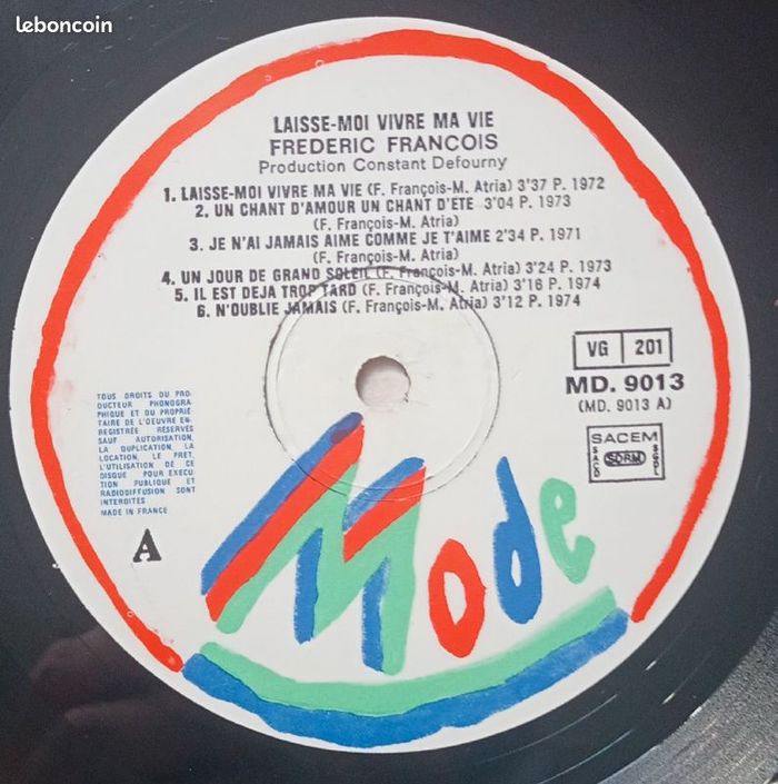 Vends Vinyle Frédéric François ' Laisse-moi vivre ma vie ' vitesse 33 tours format 30 cm - photo numéro 5