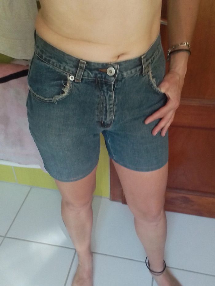 Short bleu en simili jean femme Id'est - photo numéro 2