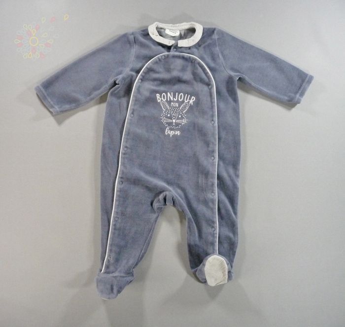 Pyjama dors-bien grenouillère velours bleu gris lapin Tape À L'oeil 6 mois 68 cm garçon