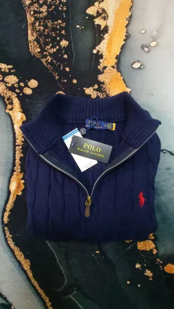 Pull torsadé Half Zip Ralph Lauren - Taille M - Bleu logo brodé rouge - Neuf