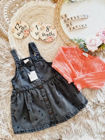Robe en jeans à pois 86cm 12 mois 18mois bébé fille et gilet corail