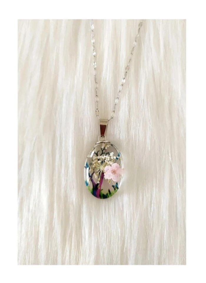 Collier arbre fleurs séchées résine verre chaîne acier inoxydable style nature bohème - photo numéro 3