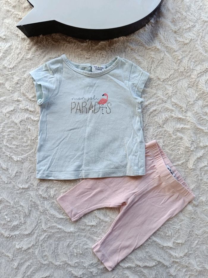 Ensemble (tee shirt manches courtes+legging) Fille 3 mois Mon joli paradis flamand rose - photo numéro 2