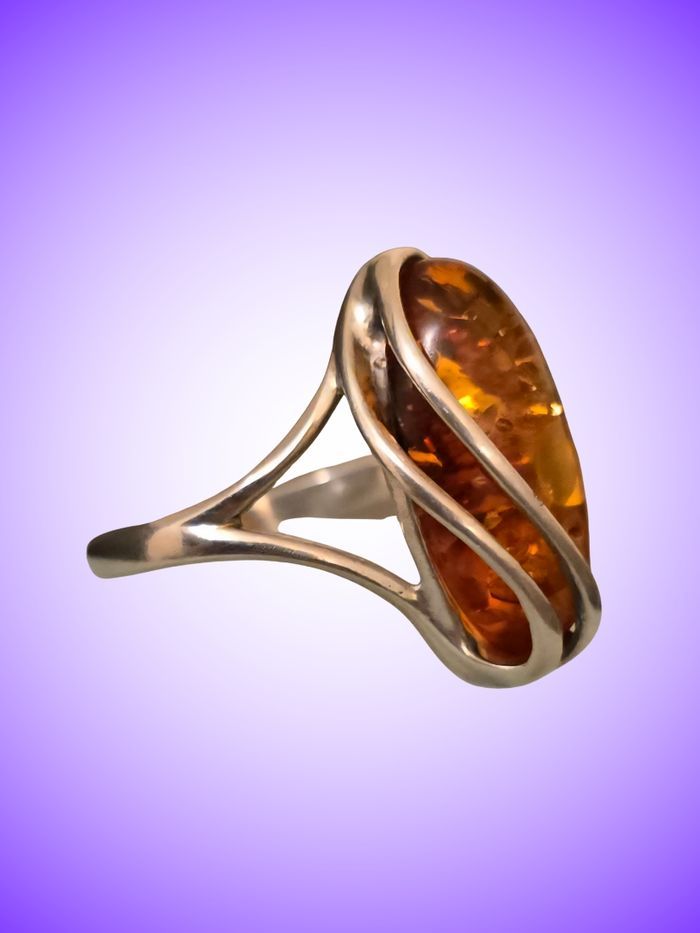 Bague Vintage Maty – Argent Massif & Grand Ambre Cognac – T. 56/57 – Très Bon État 
​ - photo numéro 4