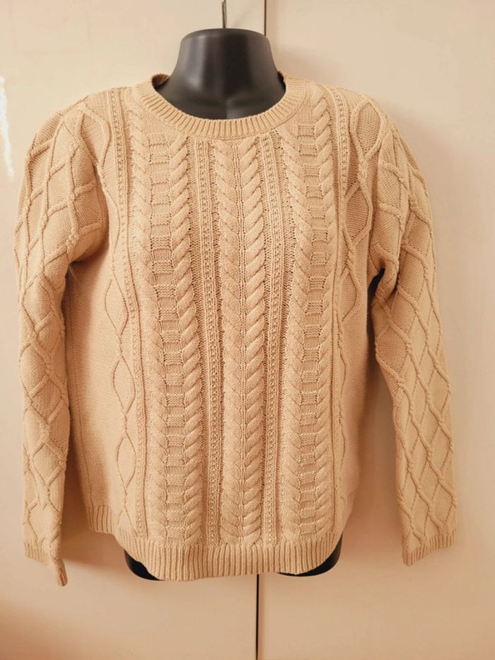Pull torsadé beige marron lin coton taille L 40