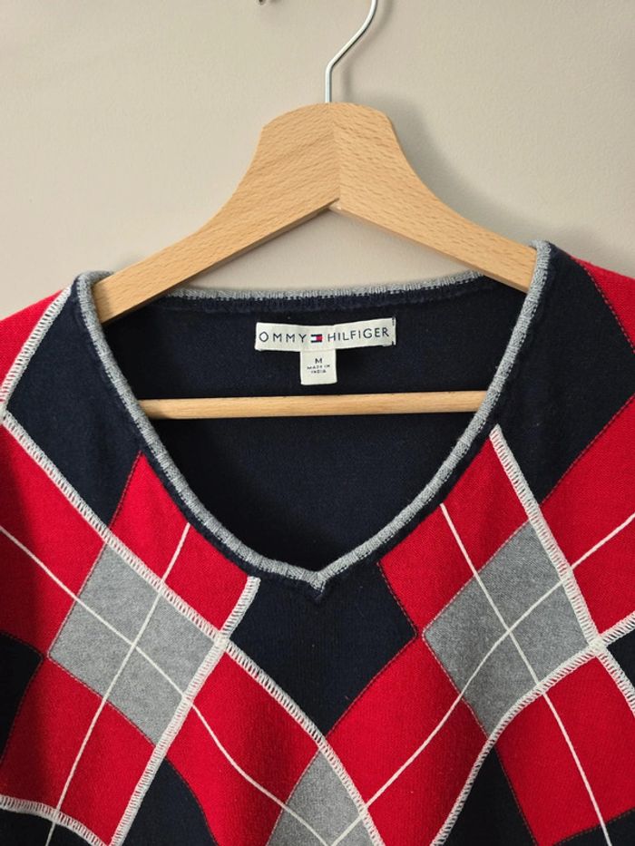 Pull Tommy Hilfiger argyle rouge marine gris M col V / style preppy chic - photo numéro 5