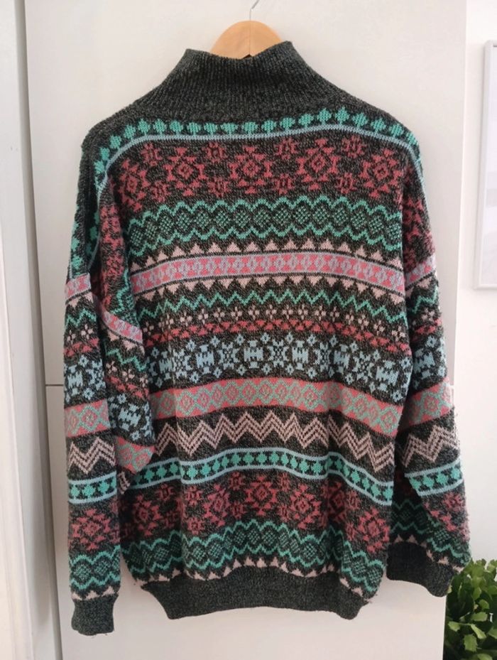 Pull col camionneur gris et multicolore vintage - photo numéro 5