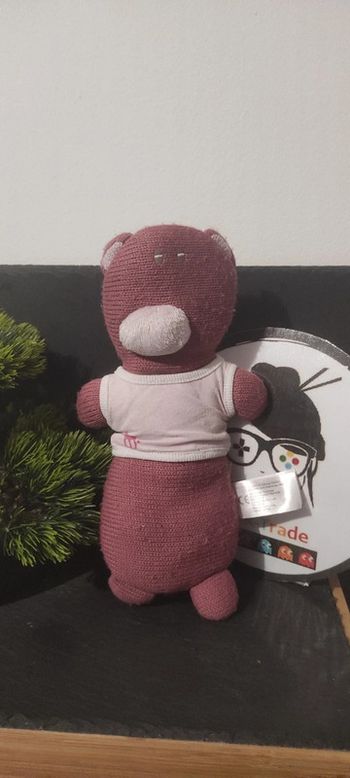 Doudou obaibi okaidi ours prune violet rose pull tricot laine bordeaux Nez