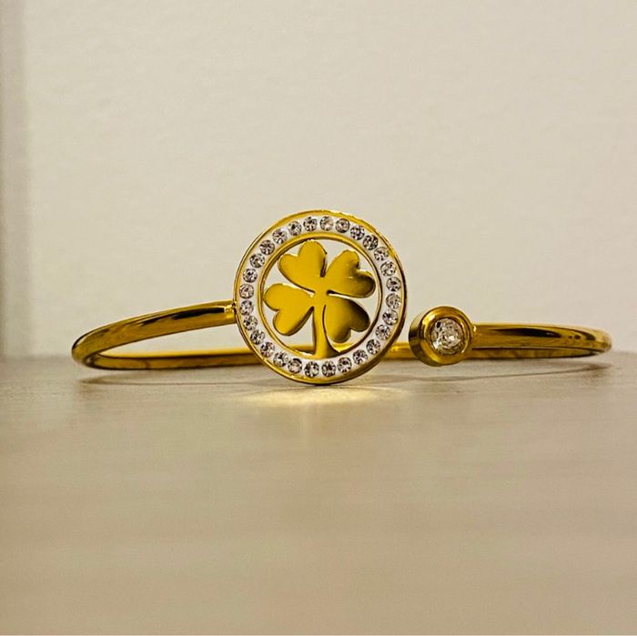 Bracelet épais jonc zirconium trèfle doré acier inoxydable - photo numéro 2