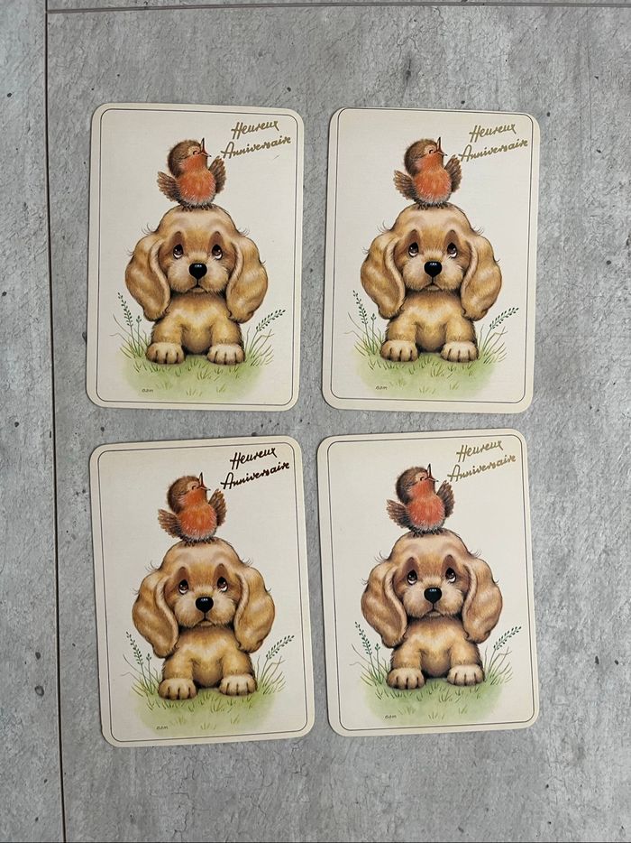 Lot 4 cartes heureux anniversaire chien avec oiseau - photo numéro 2
