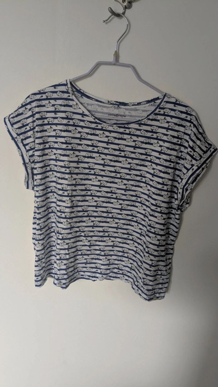 T-shirt blanc marinière motifs chats - photo numéro 2