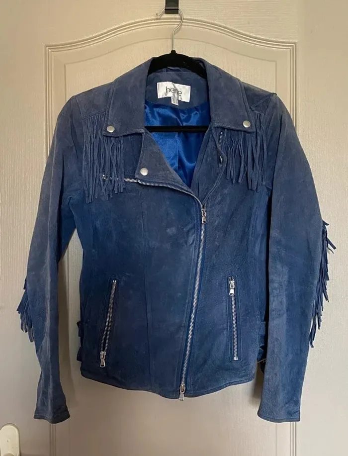 Veste à frange en cuir bleu femme taille 36