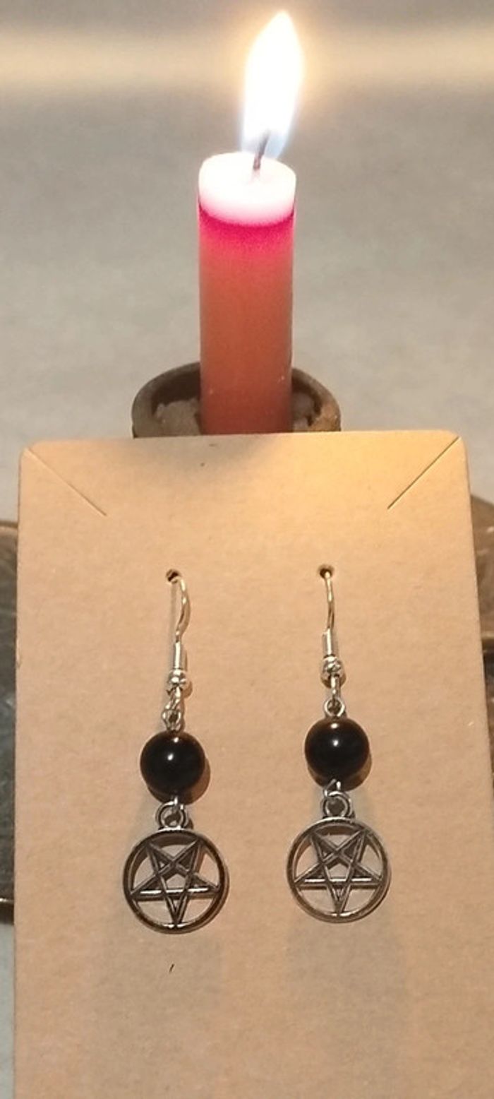 Boucles d'oreilles Pentacle Sorcière en Obsidienne - photo numéro 2
