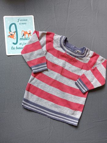 Pull gris et rouge rayé 🦕 Taille 9 mois