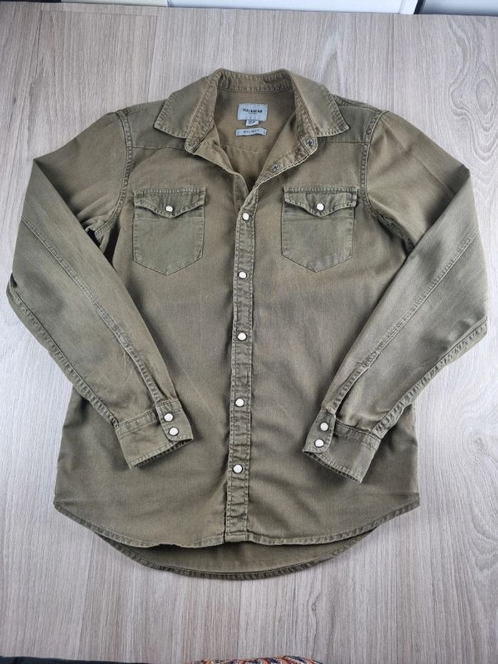 Chemise en jean à boutons pression kaki Pull & Bear Homme Taille S - photo numéro 2