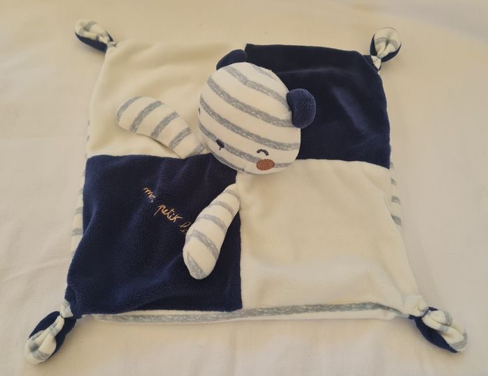 Doudou ours carré plat blanc et bleu marine - Mon petit Loulou - Pat & Ripaton
