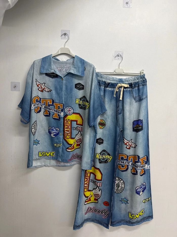 ensemble effet jean chemise avec pantalon imprimé américain usa LA