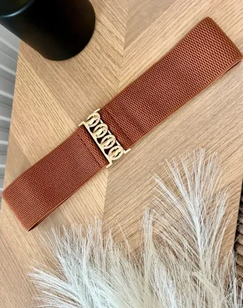 Superbe ceinture large élégante et chic marron Camel et doré taille ajustable