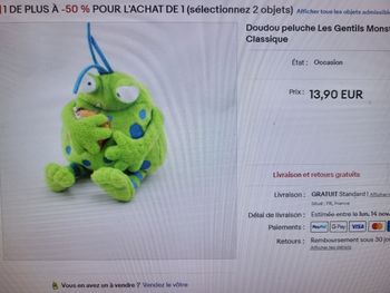 Doudou  peluche les  gentils  monstres  vert  pois  bleu