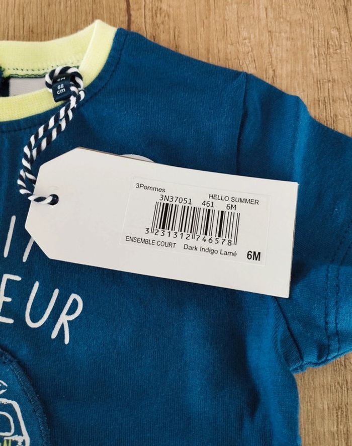 Ensemble t-shirt short garçon petit surfeur bleu et blanc 6 mois 3 Pommes - photo numéro 4