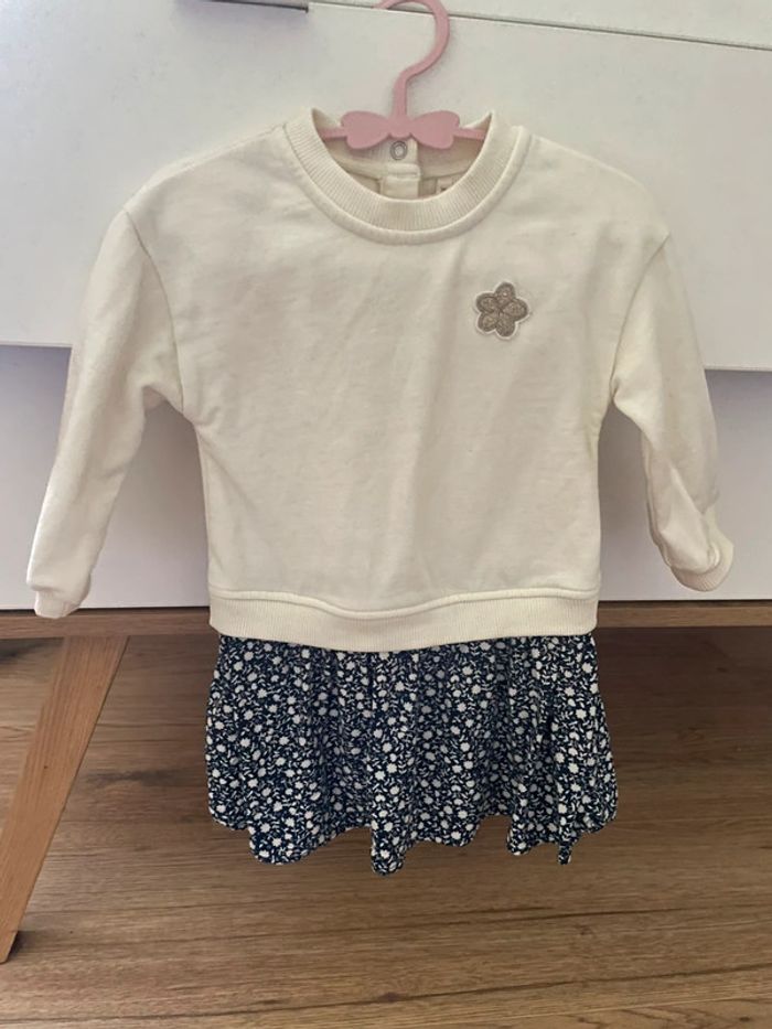 Robe sweat crème plus volant bleu liberty 12 mois