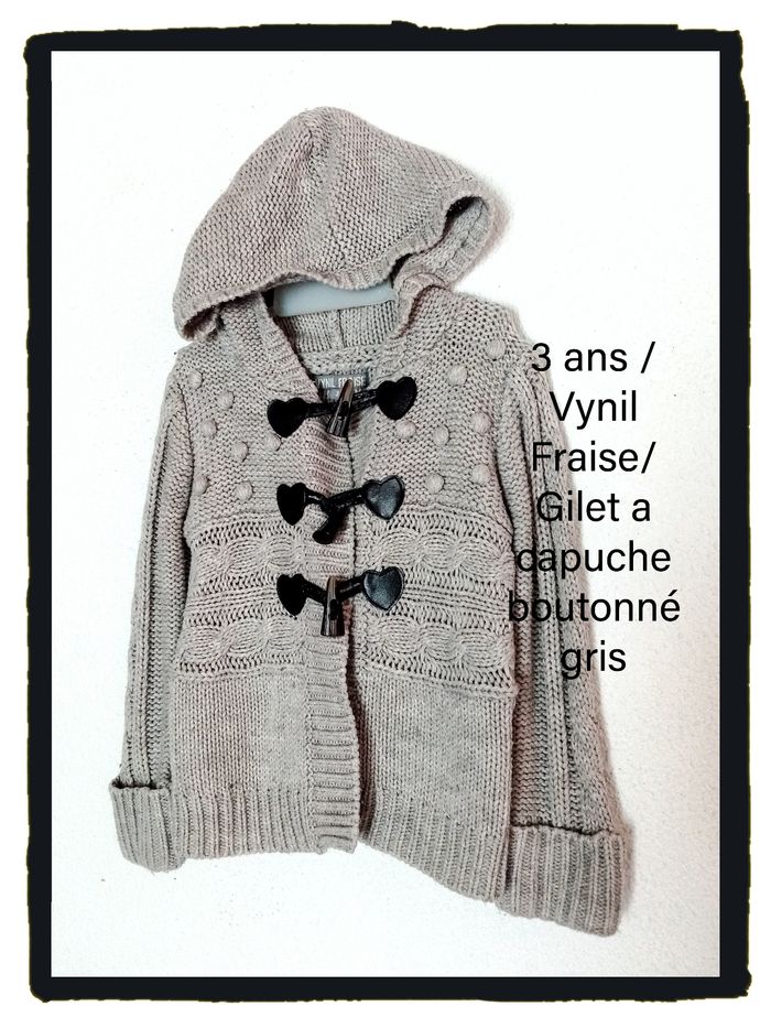 3 ans vynil fraise cardigan gilet gris a capuche boutonné toutes saisons /bon état - photo numéro 2