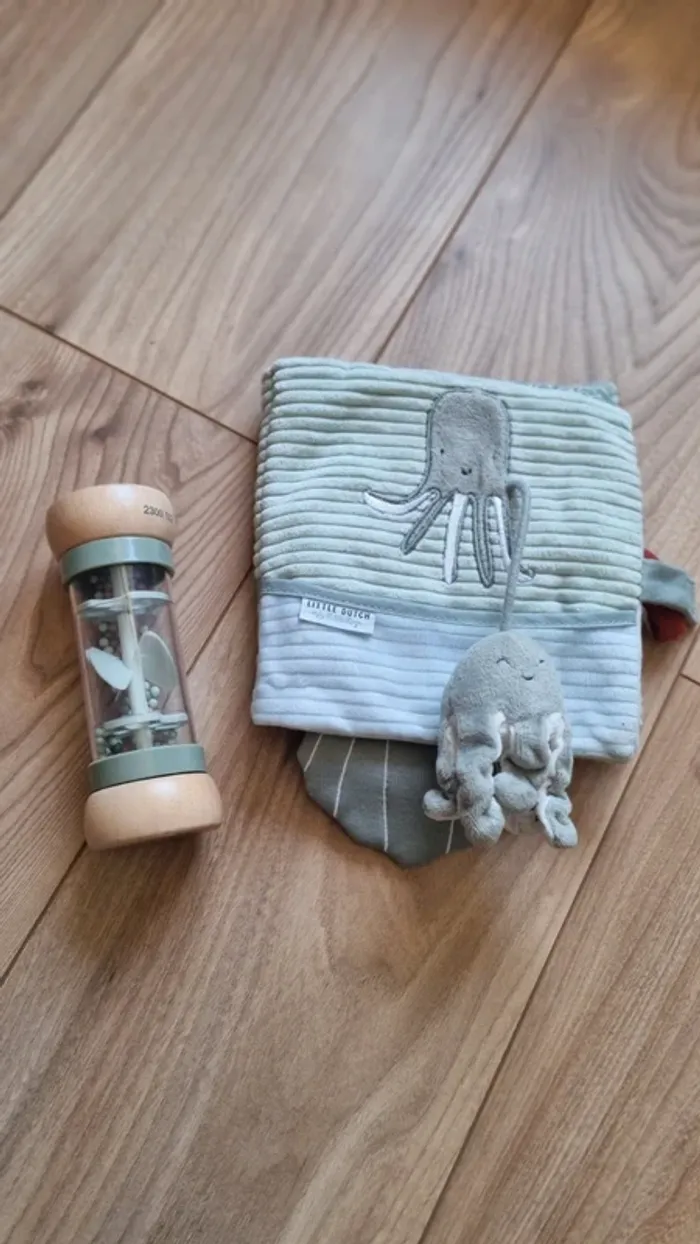 Lot livre en tissu et Hochet de Pluie