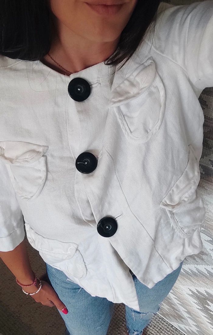 Magnifique veste en lin blanc Mango suit L 3 gros boutons noir classe chic décontracté - photo numéro 4