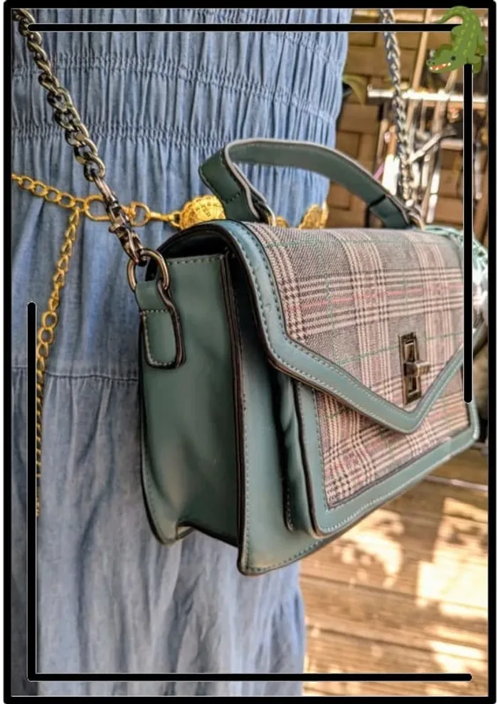 Sac bandoulière à motif tartan et simili cuir bleu canard - photo numéro 4