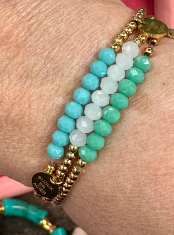 Lot de 3 bracelets boules acier inoxydable or perles multi facettes blanches turquoises vert d’eau