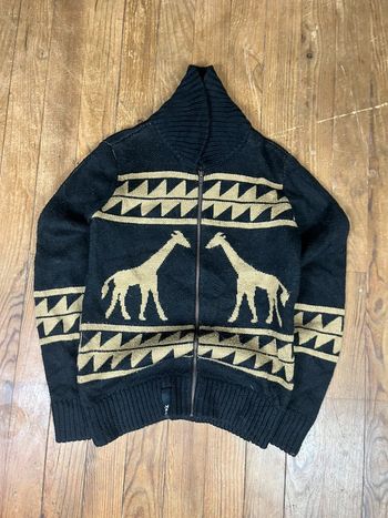 Pull cardigan zip-up vintage maille laine rayures motifs girafes animaux S