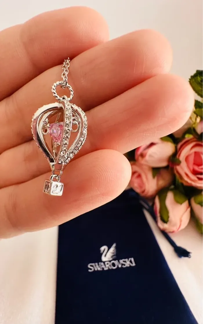 🎈Collier Swarovski montgolfière argenté cœur rose mobile – avec pochon - photo numéro 5