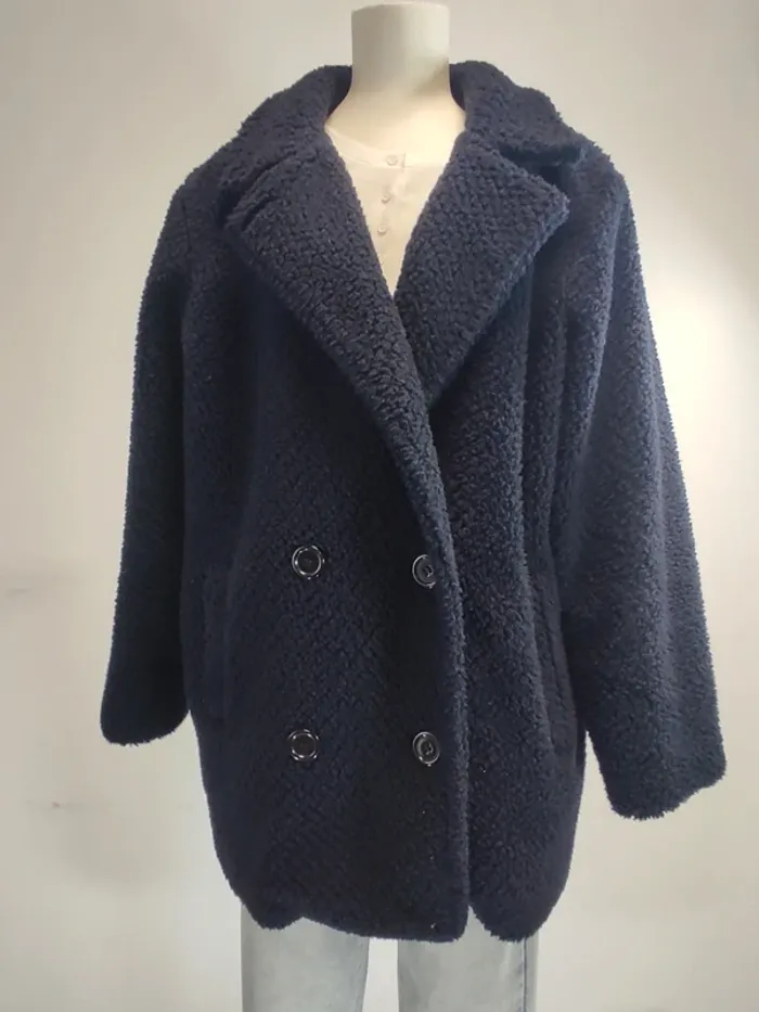 Manteau laine bouclée La Redoute Softgrey polyester moumoute bleu marine - photo numéro 2